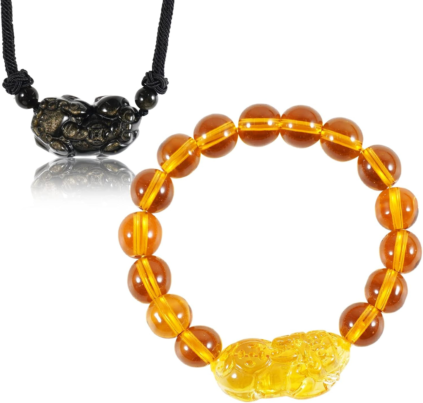 Natural Citrine Pixiu Bracelet 10mm Beaded String Bracelet Feng Shui Wealth Pixiu/Piyao Bracelet, Obsidian Pixiu Pendant Adjustable Black Cord Necklace, for Attract Lucky Love Wealth