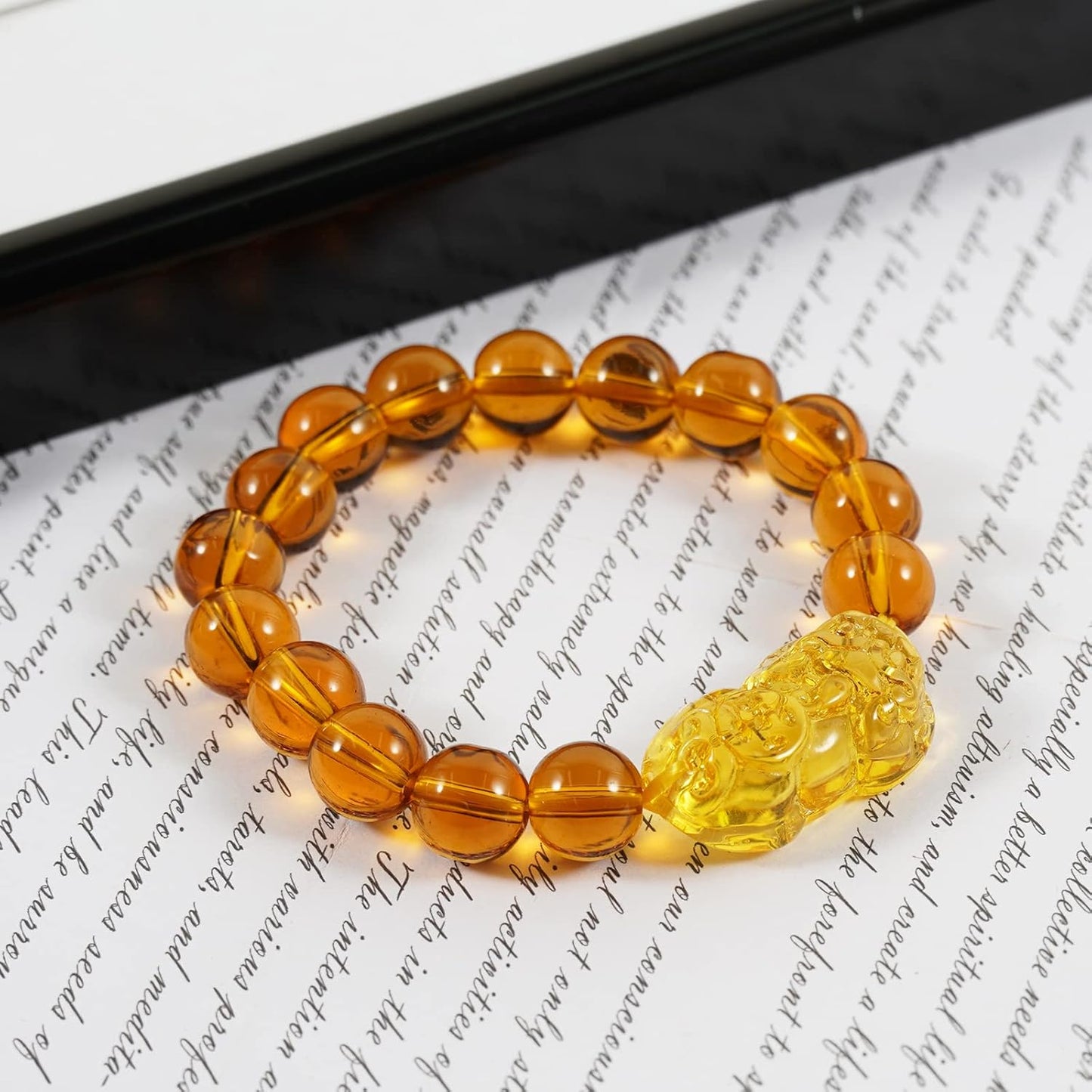 Natural Citrine Pixiu Bracelet 10mm Beaded String Bracelet Feng Shui Wealth Pixiu/Piyao Bracelet, Obsidian Pixiu Pendant Adjustable Black Cord Necklace, for Attract Lucky Love Wealth