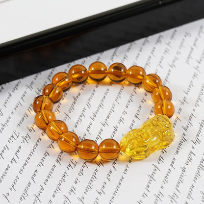 Natural Citrine Pixiu Bracelet 10mm Beaded String Bracelet Feng Shui Wealth Pixiu/Piyao Bracelet, Obsidian Pixiu Pendant Adjustable Black Cord Necklace, for Attract Lucky Love Wealth