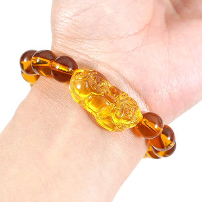 Natural Citrine Pixiu Bracelet 10mm Beaded String Bracelet Feng Shui Wealth Pixiu/Piyao Bracelet, Obsidian Pixiu Pendant Adjustable Black Cord Necklace, for Attract Lucky Love Wealth