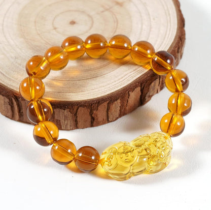 Natural Citrine Pixiu Bracelet 10mm Beaded String Bracelet Feng Shui Wealth Pixiu/Piyao Bracelet, Obsidian Pixiu Pendant Adjustable Black Cord Necklace, for Attract Lucky Love Wealth