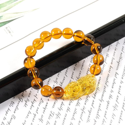Natural Citrine Pixiu Bracelet 10mm Beaded String Bracelet Feng Shui Wealth Pixiu/Piyao Bracelet, Obsidian Pixiu Pendant Adjustable Black Cord Necklace, for Attract Lucky Love Wealth